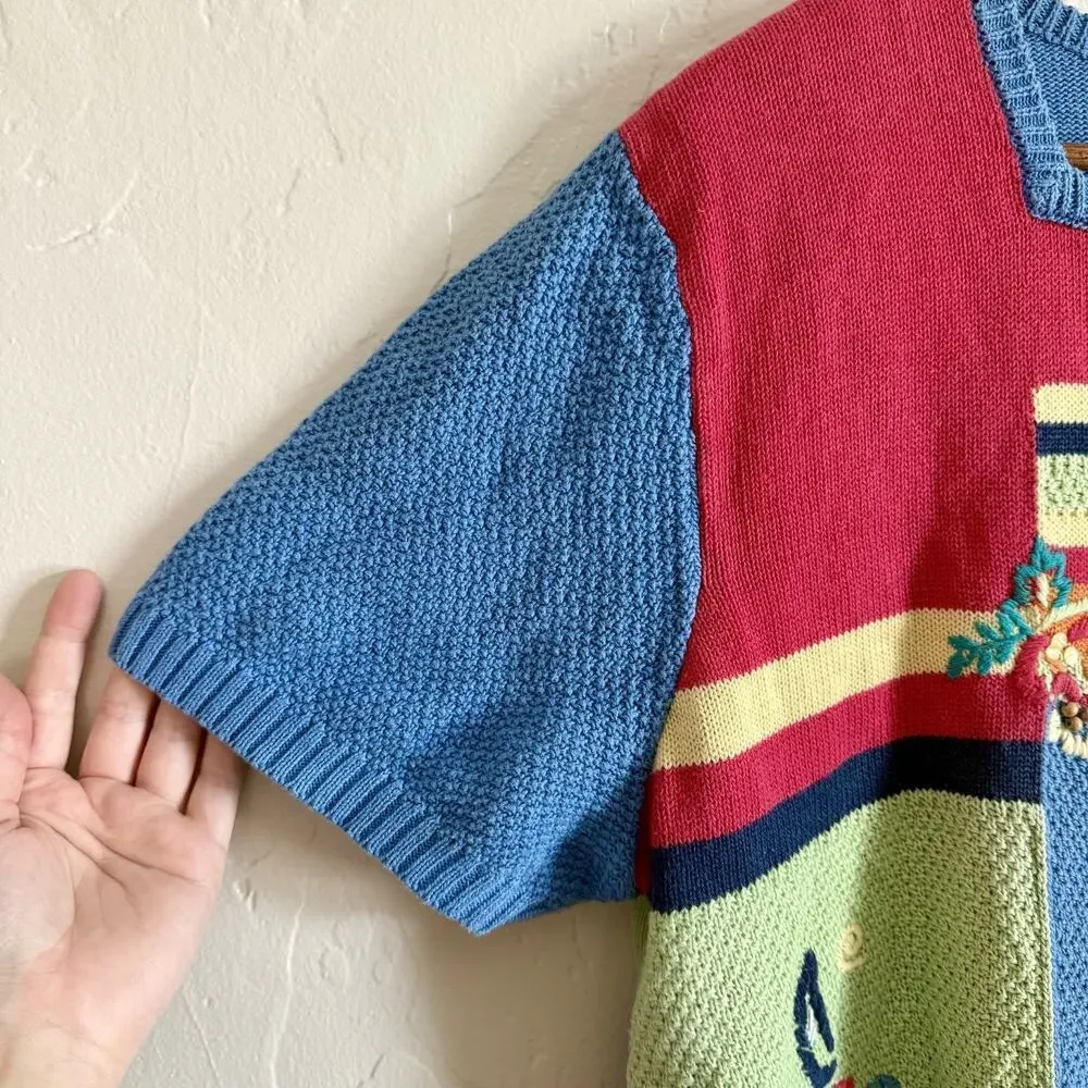 Vintage 90s Koret Size 2X Sweater - Short Sleeve Multicolor Embroidery Knit